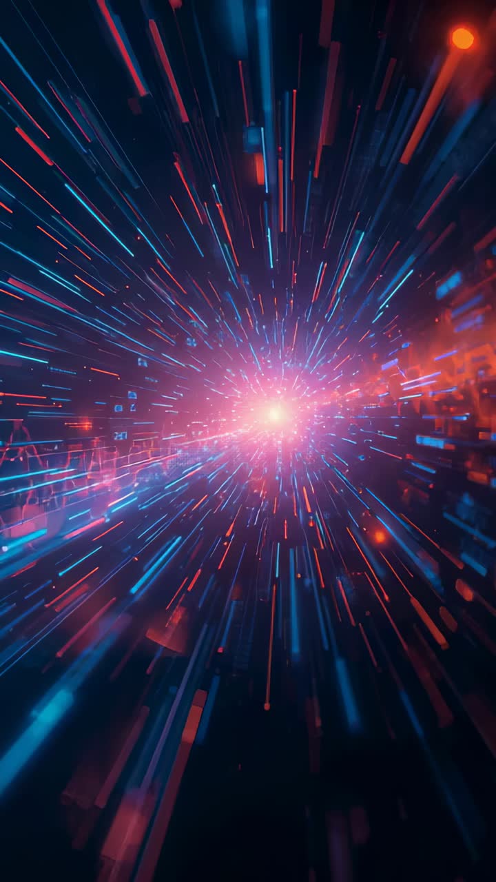 Vertical video: Driving core pulsing in warp tunnel by frames for motion, with neon streaks HUD