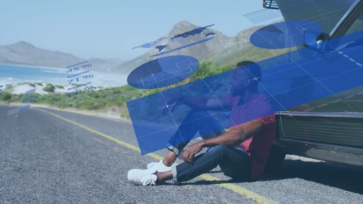Animation af finansiel databehandling over afroamerikansk mand, der sidder på vej