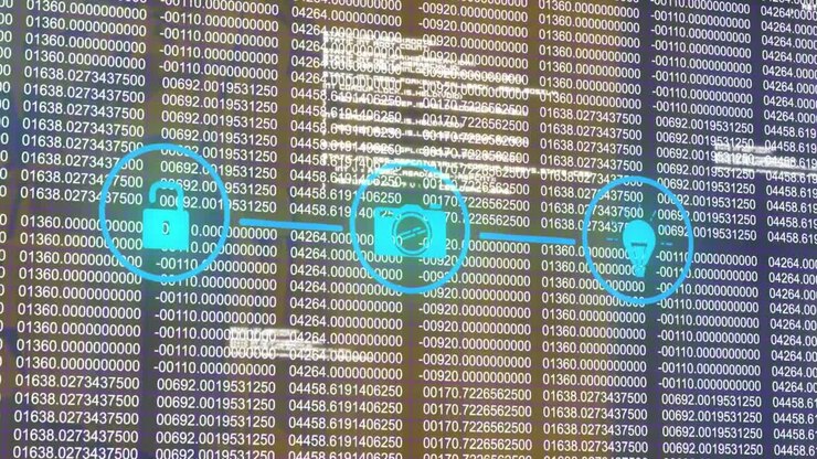 Digital animation of network of digital icons against data processing on gradient background