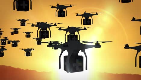 imagen digital de siluetas de drones sosteniendo cajas y volando