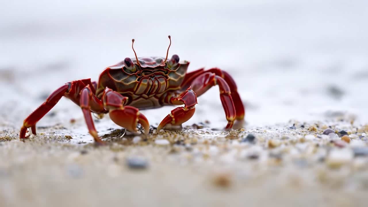 A Vibrant Red Crab on the Shoreline: Captivating Close-Up Shot Showcasing the Intricate Features and Colors of a Marine Crustacean in Its Natural Habitat