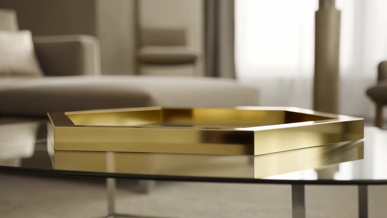 Low interior view of glossy gold tray on reflective glass coffee table, set before blurred sofa and chair, with soft daylight, warm tones, calm luxury mood, and refined modern decor