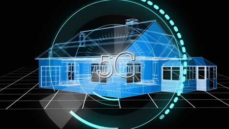 estructura de la casa y 5g escrito en el medio de un círculo futurista