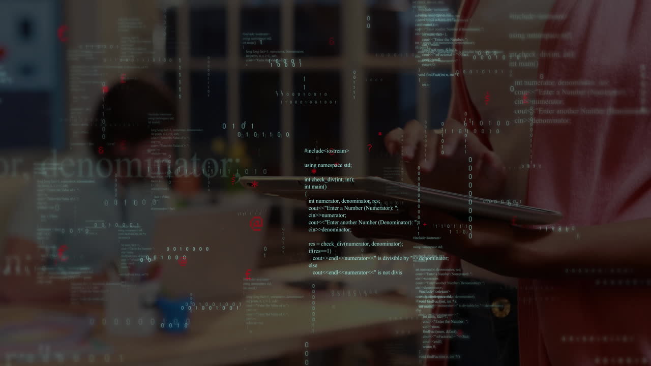 Female developer using tablet at wooden counter, displaying floating binary code and C++ snippets