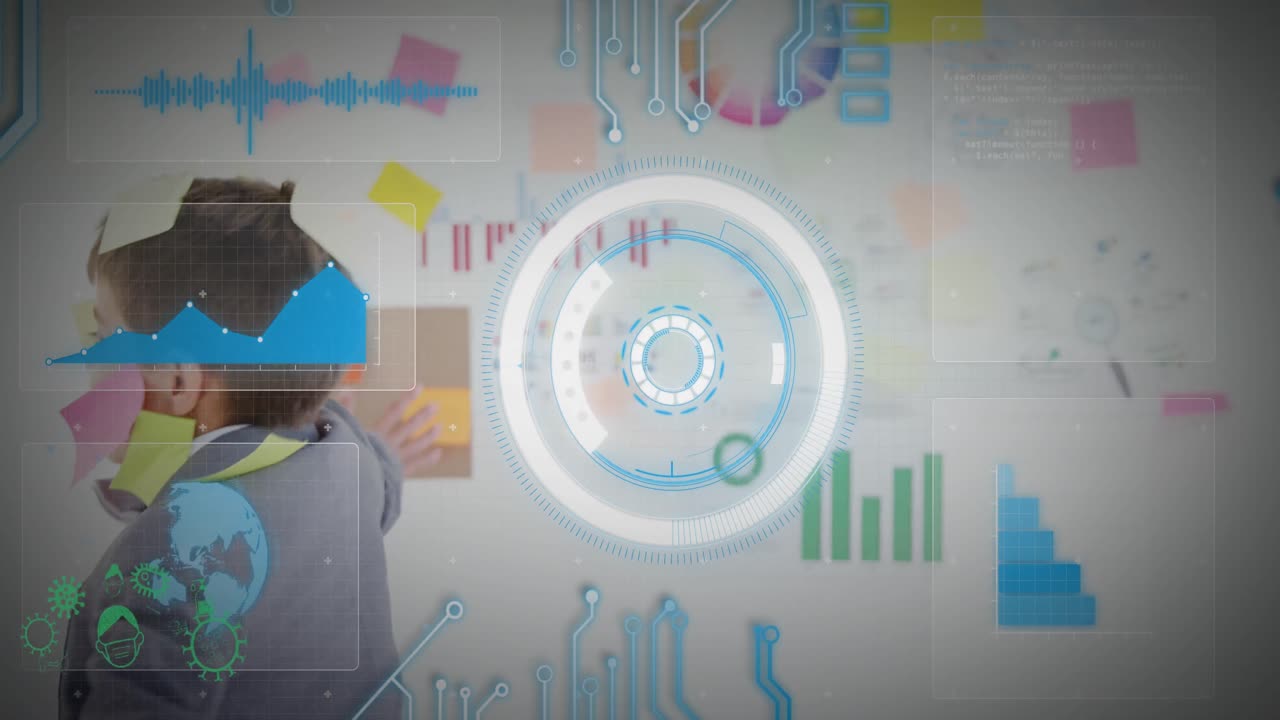 animación de la interfaz infográfica sobre un niño caucásico con notas pegajosas en la cara girando en la oficina