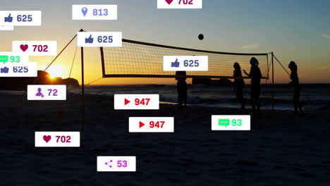 Animation-of-social-media-notifications-over-silhouetted-female-volleyball-players-at-sunset