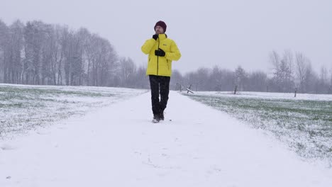 static shot of male person in winter clothes walking on a snowy rural path during falling snowflakes