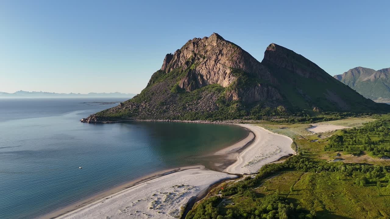 Aerial footage of an incredible white sand beach on Engeløya Island, northern Norway. During summer, it looks like a tropical paradise in the far north, Bøsanden