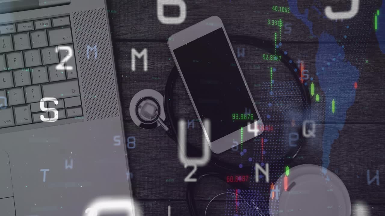 Animation of financial data processing over smartphone, stethoscope and laptop on wooden surface