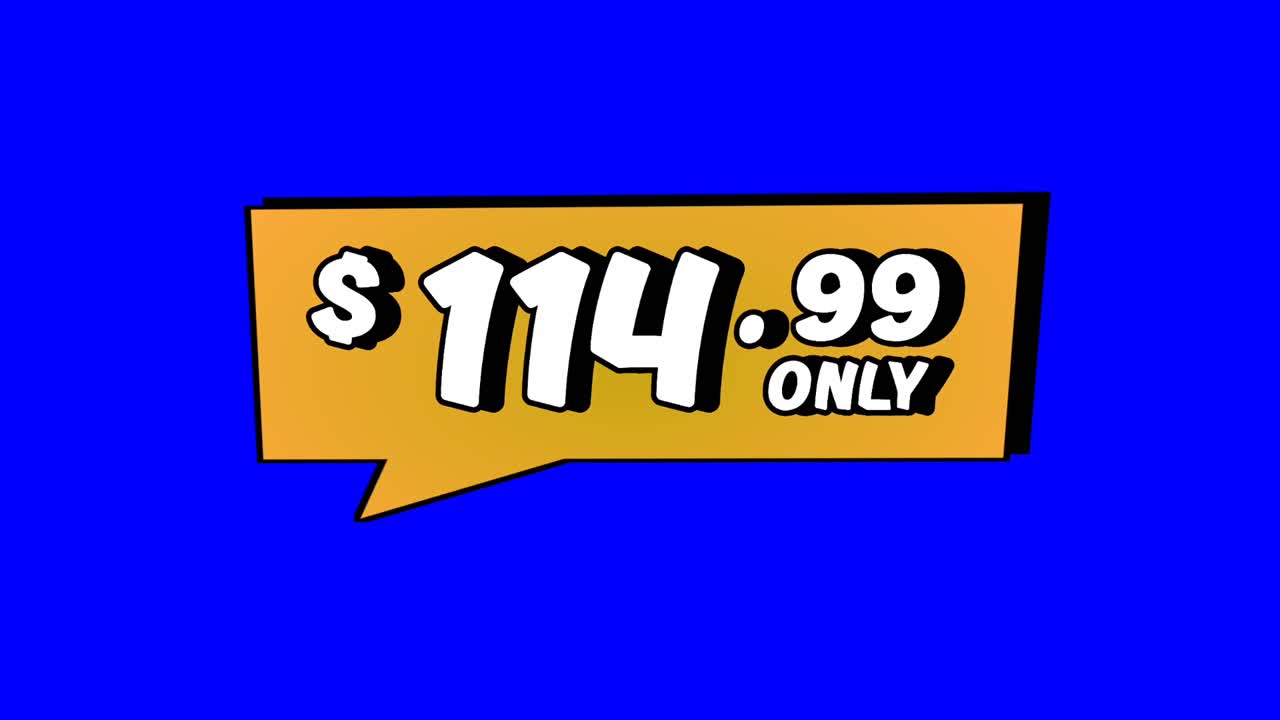 Animation $114.99 only price tag in orange speech bubble motion graphics on Blue screen background. Perfect for ads, e-commerce, retail, discounts, and promo videos business concept video element
