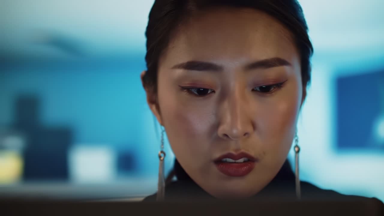 Focused Intensity: A Close-Up of a Woman Deep in Thought, Analyzing Information with Determination and Commitment in a Modern Workspace Environment