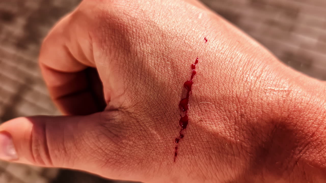 Cut bleeding blood coming out hand wrist pain hand up-close first air bruise hurt in pain