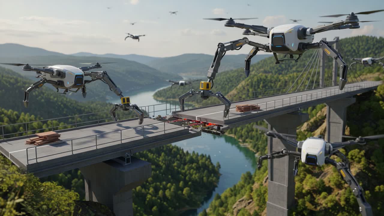 Advanced Drones Utilizing Robotic Arms for Bridge Construction Over a Scenic River Valley, Showcasing Modern Engineering and Aerial Technology in Action