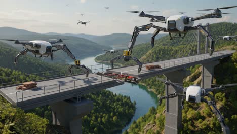 advanced drones utilizing robotic arms for bridge construction over a scenic river valley, showcasing modern engineering and aerial technology in action