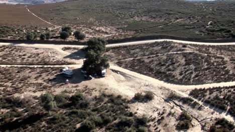 Motorhomes-are-parked-under-trees-in-a-remote-area