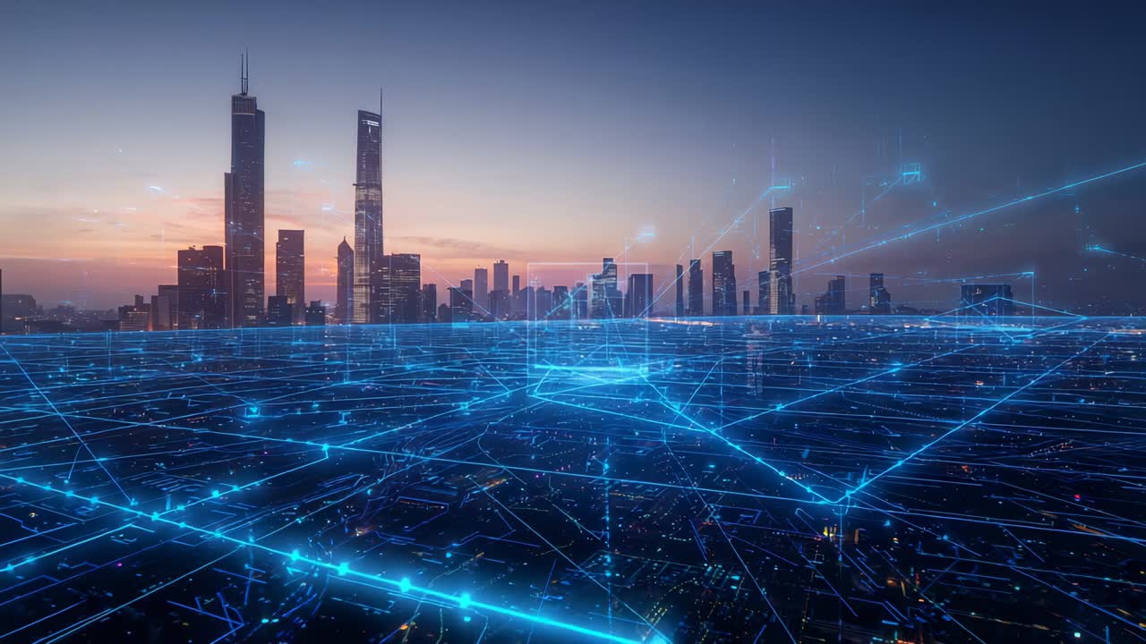 Fading in digital network grid layer pulsing over city skyline at dusk showing data flow