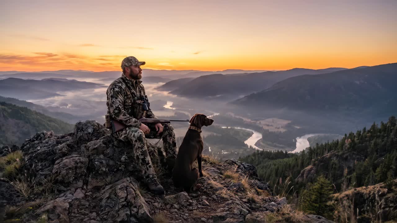 Hunter and Dog Enjoying Mountain View at Golden Hour