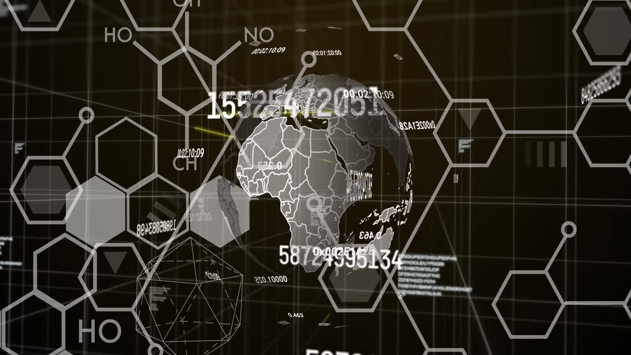 Animation of globe rotating over chemical formulas and numbers on black background
