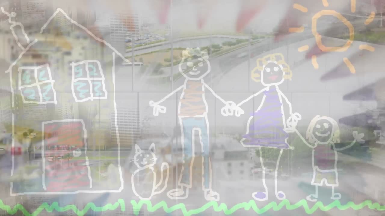 Animation of coloured pencils and child's drawing of family, over city