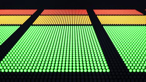 animated 3d led display of vertical volume level bars moving up and down with dof and the camera slowly panning from left to right across the display