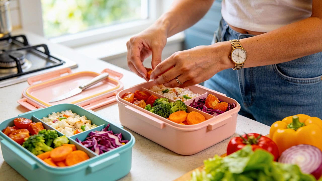 Reaching woman seeing blue bento arranging veggies into pink bento at kitchen counter wearing watch