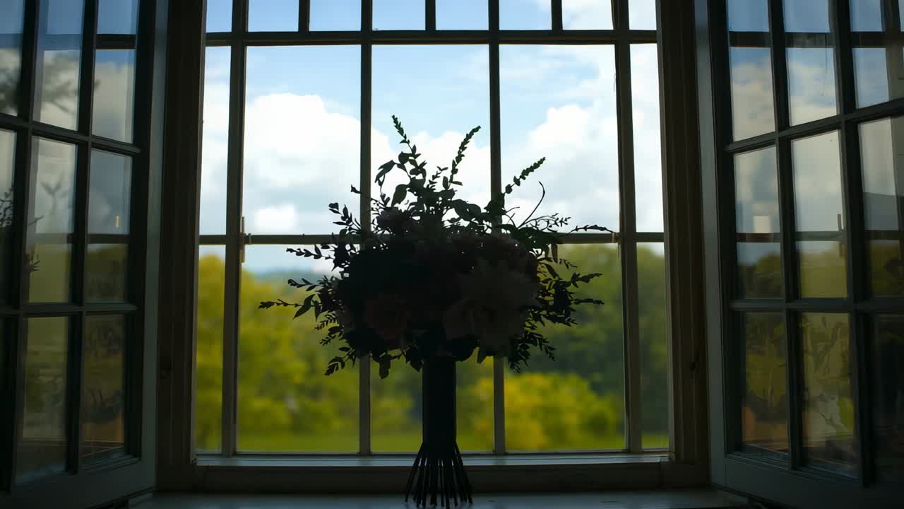 Swaying bouquet in vase shifting foliage on windowsill at home as breeze and clouds shifting light