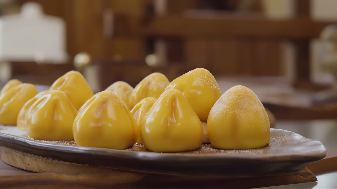 Primo piano di dessert gialli a forma di pera spolverati di zucchero