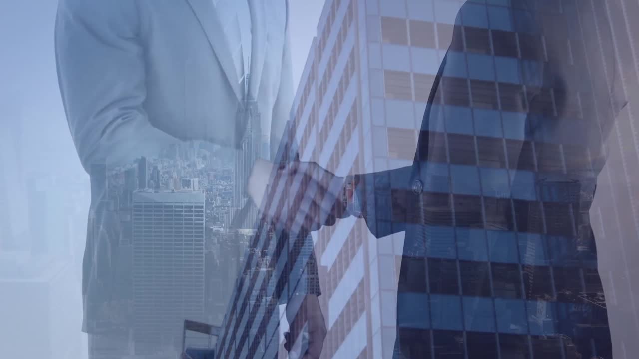 animazione di uomini d'affari caucasici che scuotono le mani sul paesaggio cittadino