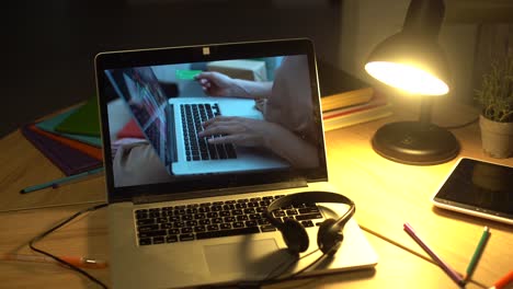 hands typing on computer keyboard, moving camera, business man working on laptop pc in office