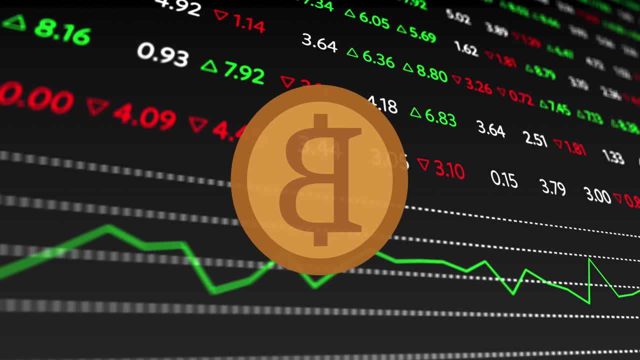 animación de bitcoin sobre diagramas y mercado de valores en fondo negro