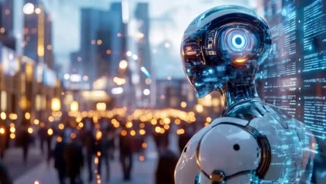 futuristic robot in a cityscape