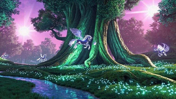 A magical forest scene with glowing unicorns and a stream. Captured from a low angle, perfect