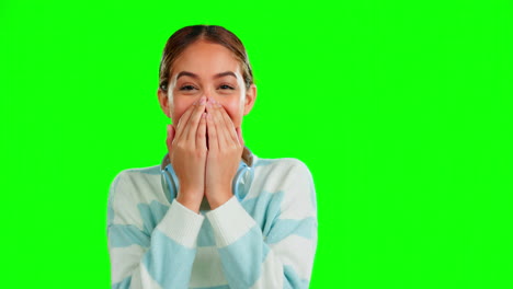 Woman,-laugh-and-shock-in-studio-by-green-screen