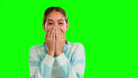 woman, laugh and shock in studio by green screen