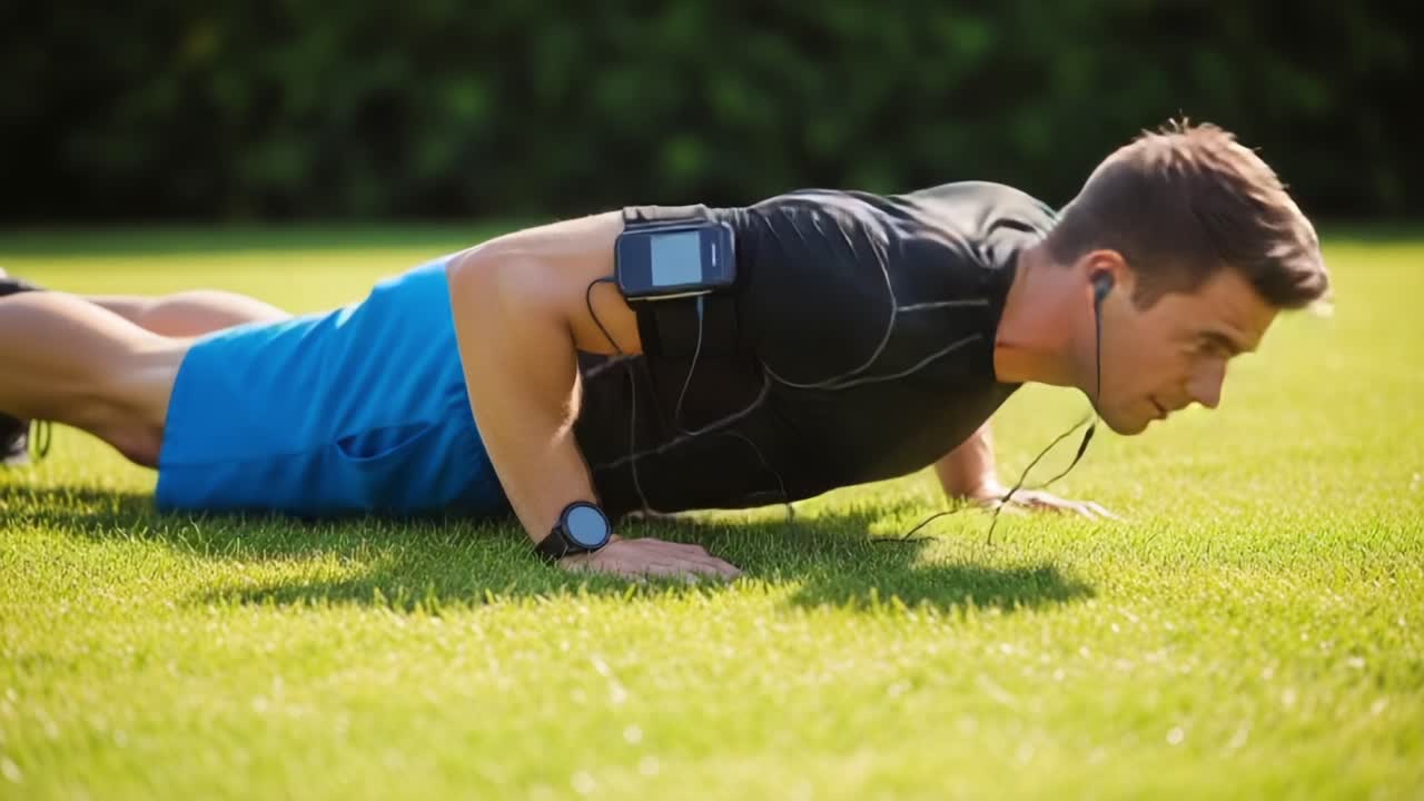 Un atleta impegnato in esercizi di flessioni su un verde prato rigoglioso con un dispositivo mobile per la motivazione musicale e il monitoraggio del fitness, che mette in mostra la forza fisica e l'impegno