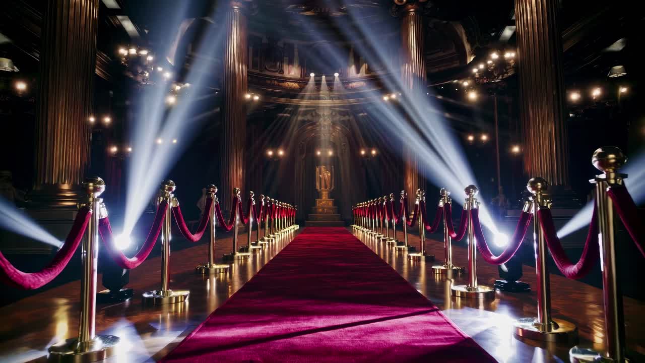 Elegant red carpet event with dramatic lighting, captured from a low-angle