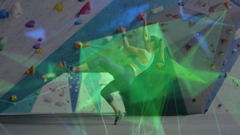 animation of data processing over caucasian woman climbing wall