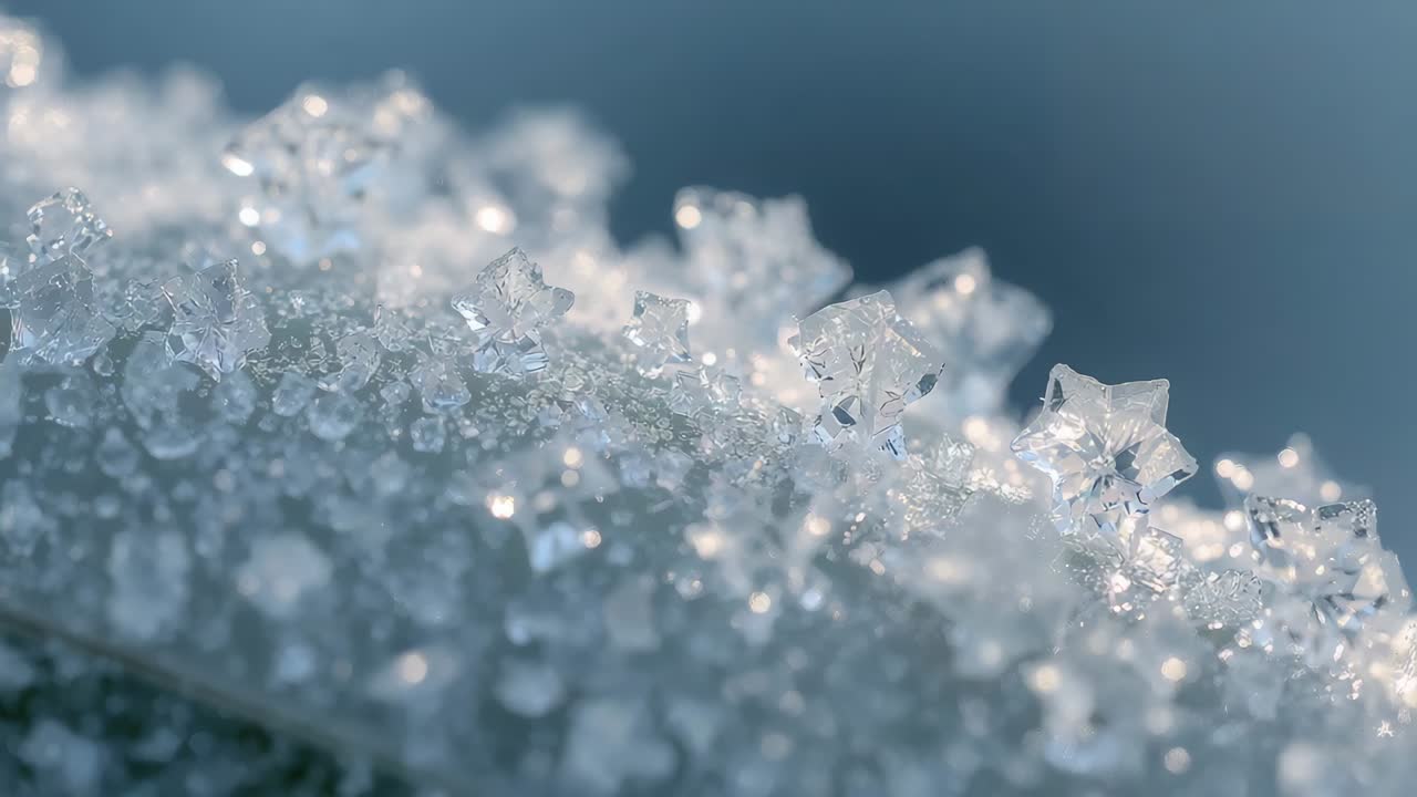 Shifting focus, lens revealing star crystals on leaf margin; frost grains, frozen drops, blue bokeh