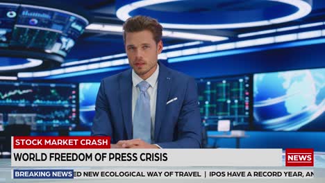 tv live news program: presenter reporting on good news, running line confirms. television cable channel newsroom studio: positive anchorman talks about peace, prosperity. network broadcast playback