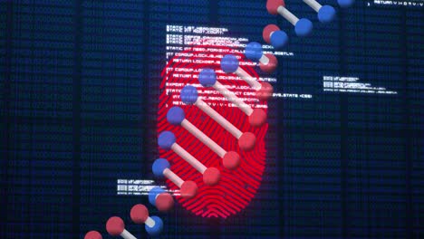 Animation-of-scanning-fingerprint,-with-3d-dna-strand-and-research-data-processing-on-black