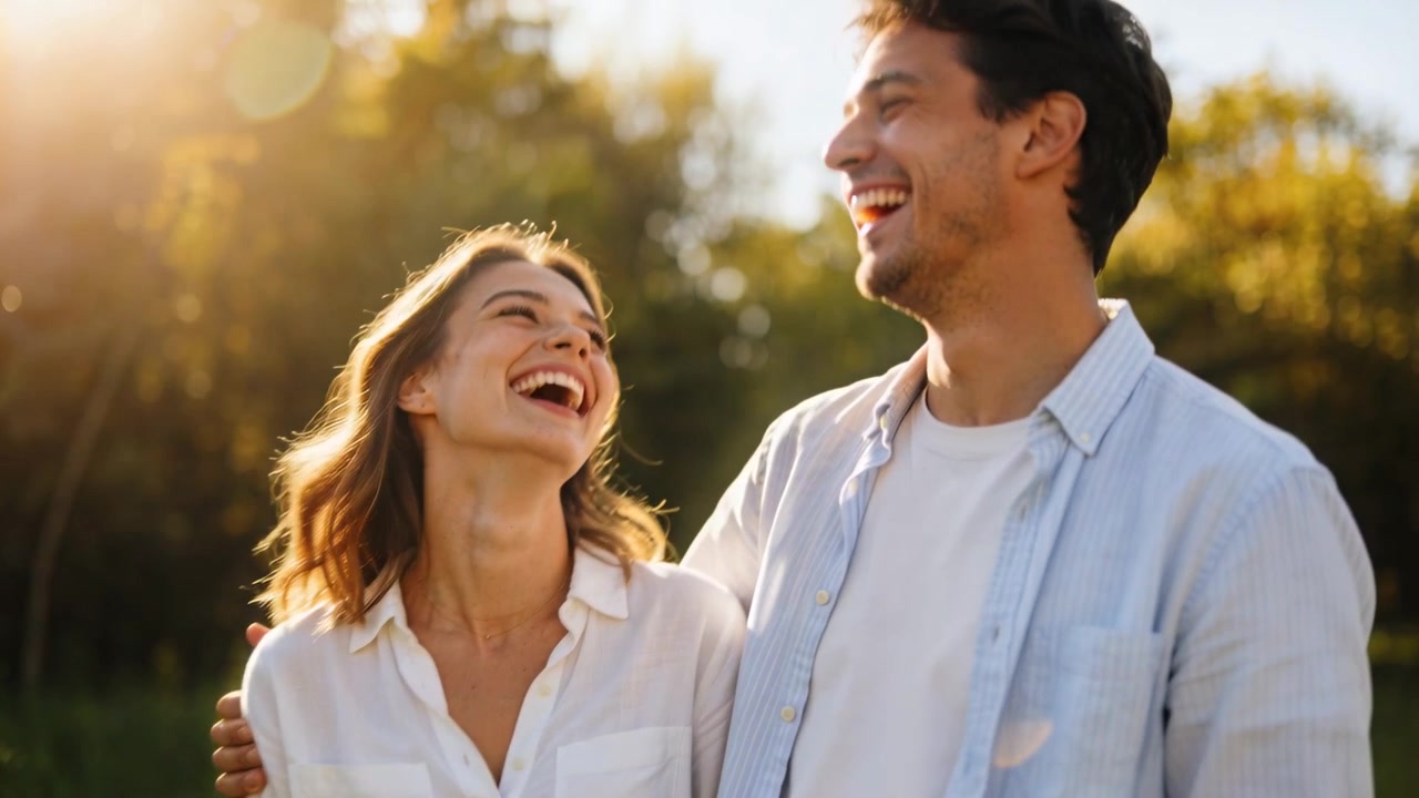 公園で笑いながら歩くカップル。太陽の光が二人を親密にし、肩を抱き合っている。白いTシャツとブラウスを着用。
