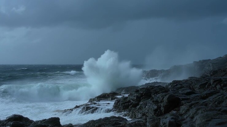Onde oceaniche impetuose generate dalla mareggiata che si infrangono, colpendo la costa rocciosa, sollevando pennacchi di spruzzi.