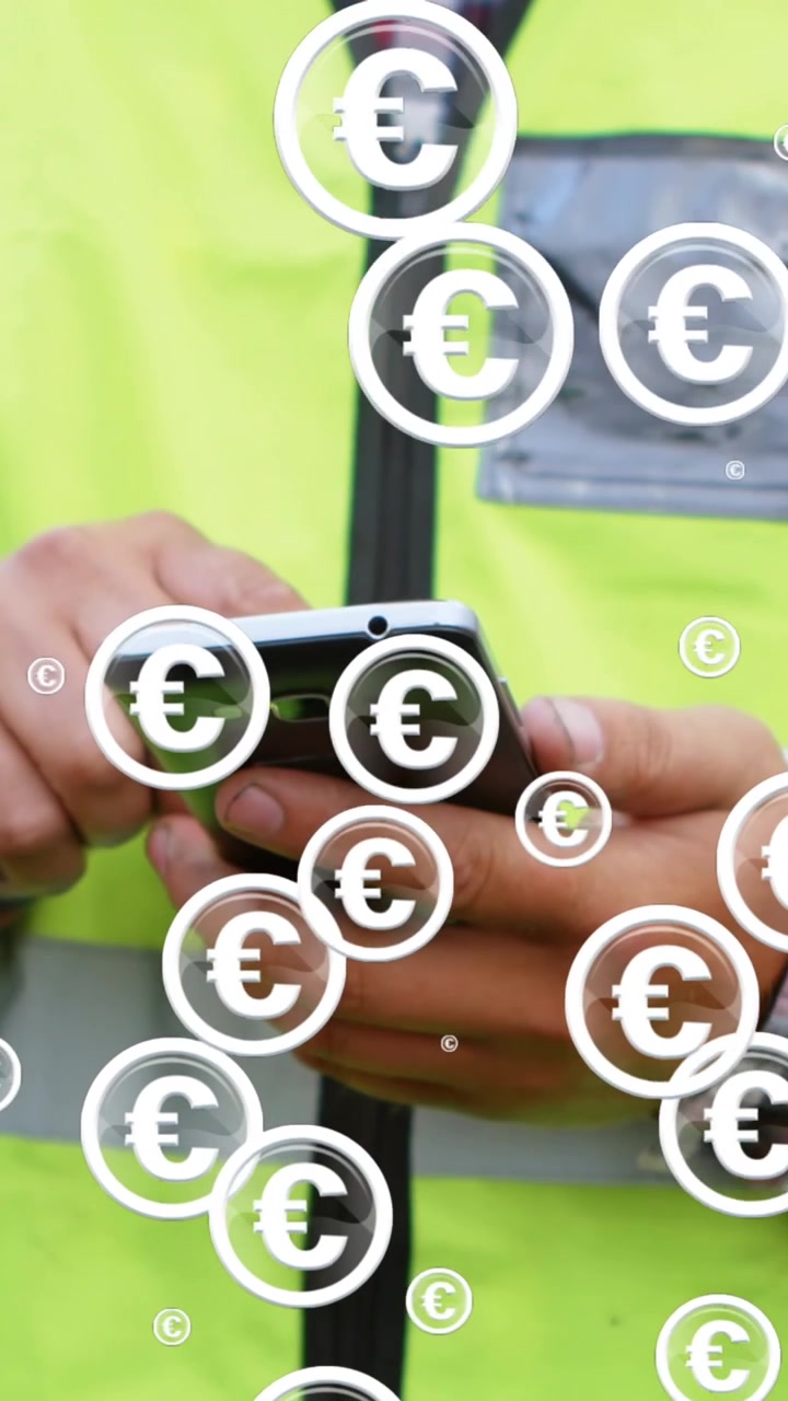 Animazione di icone dell'euro che lampeggiano sulle mani di un lavoratore maschio caucasico che usa lo smartphone