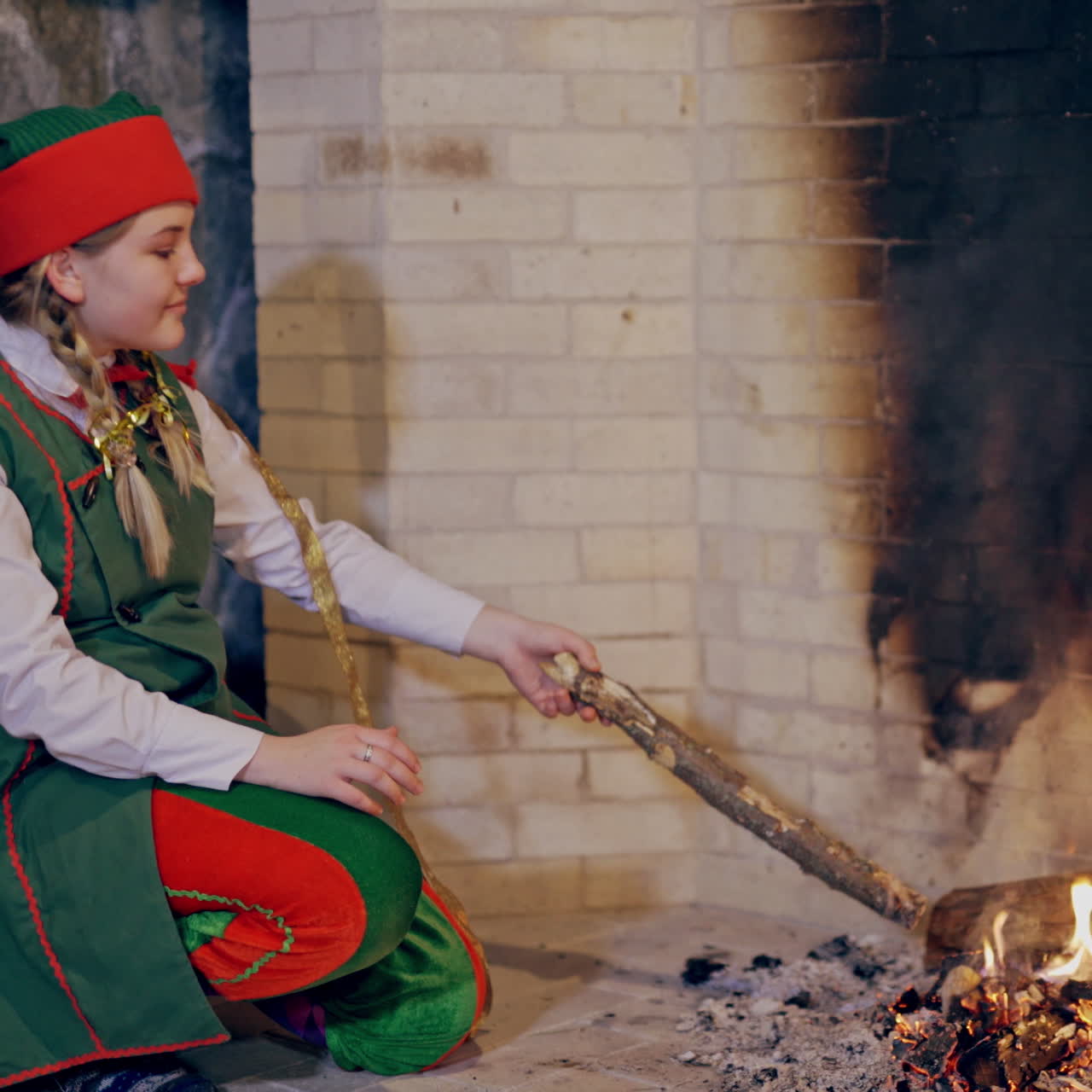 Pretty female elf is sitting near fire and rubbing her hands indoors. Bright flame in the fireplace and an elf in festive costume puts some wood into the fire.