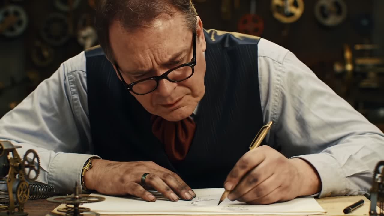 A Skilled Artisan Deep in Thought as He Carefully Draws Intricate Designs, Showcasing His Mastery of Craftsmanship in a Workshop Full of Vintage Mechanisms