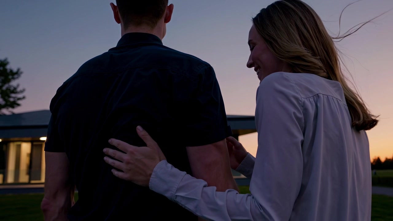 Young Couple Embracing Outside Modern Home at Sunset