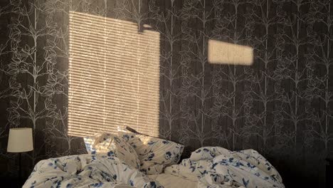 Morning-time-lapse-of-empty-untidy-bed,-sun-casting-rays-on-bedroom-wall