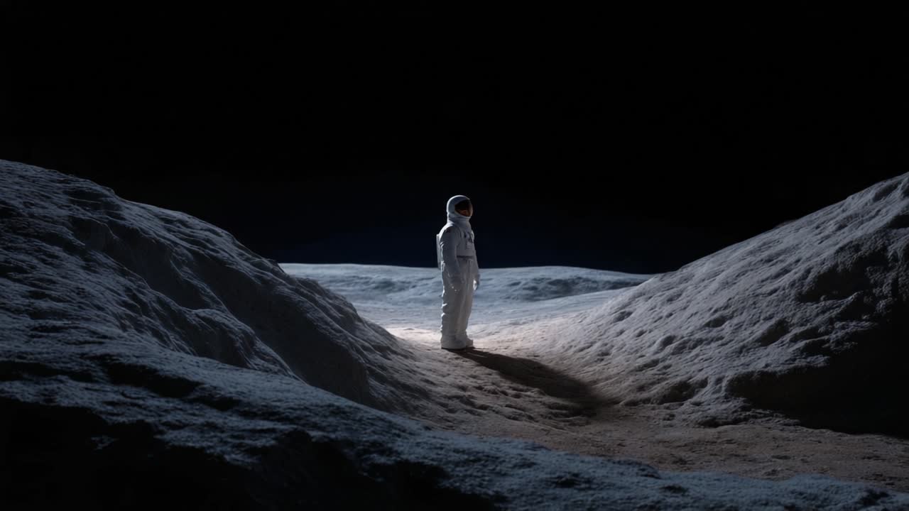 Ein einsamer Astronaut steht auf einer trostlosen Mondoberfläche, beleuchtet von subtilem Licht, umgeben von scharfen Schatten und zerklüftetem Gelände in einer fesselnden außerirdischen Landschaft.