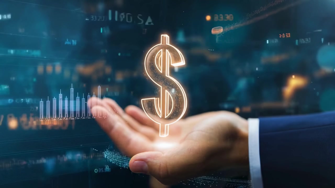 Mão Segurando Símbolo de Dólar Holográfico com Sobreposição de Dados Financeiros