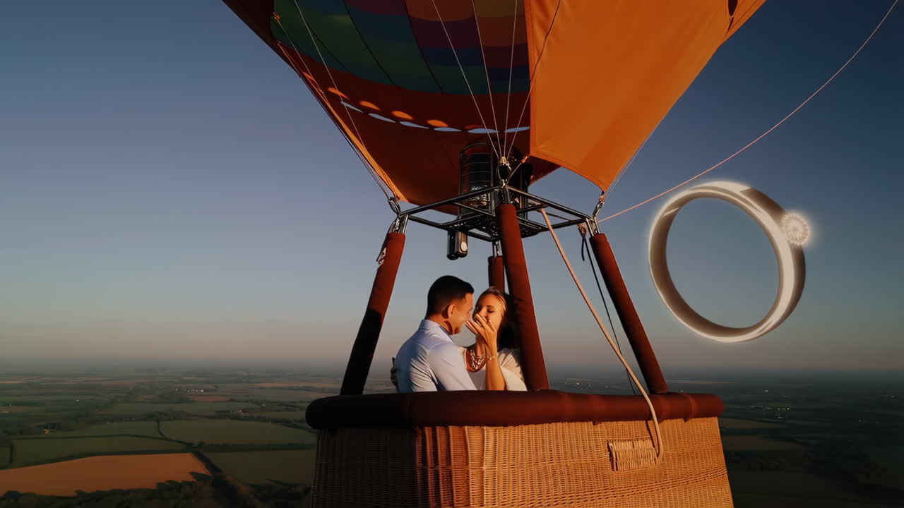 Couple in Hot Air Balloon with Glowing Engagement Ring